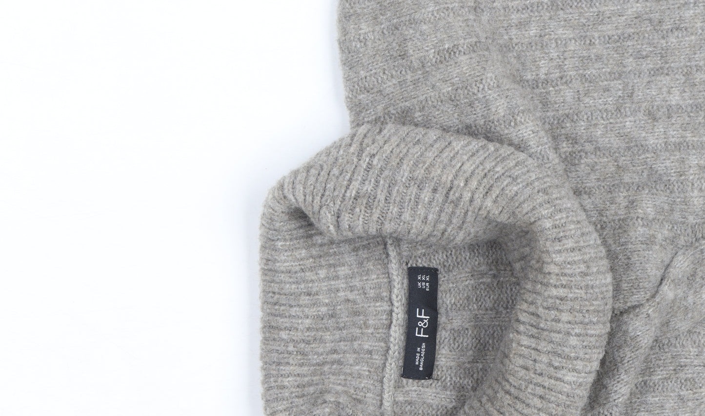 F&F Womens Grey Roll Neck Cable-Knit Wool Blend Sleeveless Jumper XL