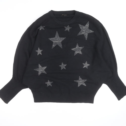 QED London Womens Black L Jumper Star Embellished Batwing Knit Top