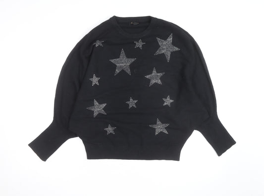 QED London Womens Black L Jumper Star Embellished Batwing Knit Top