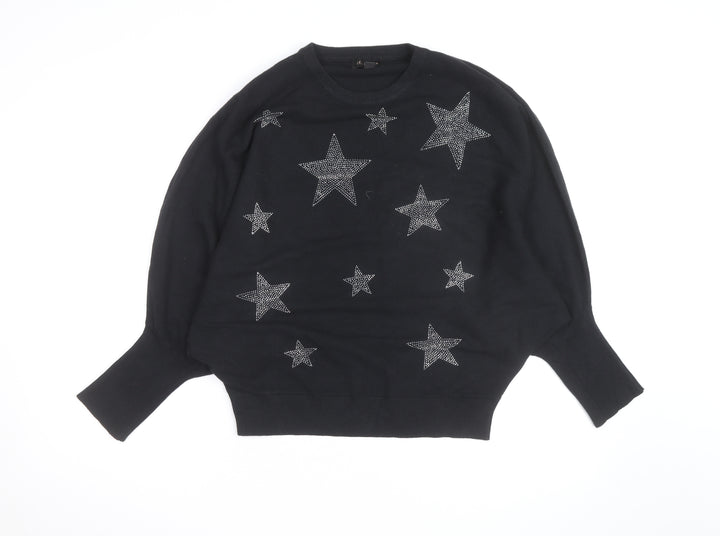 QED London Womens Black L Jumper Star Embellished Batwing Knit Top