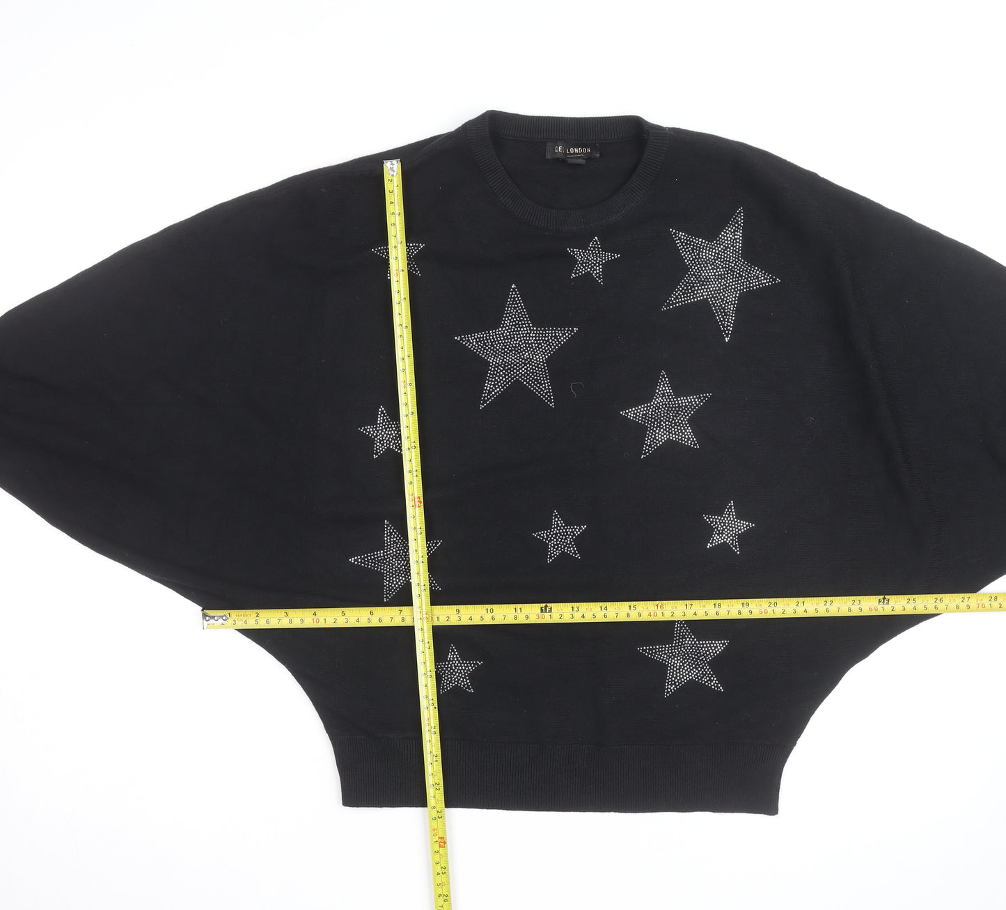 QED London Womens Black L Jumper Star Embellished Batwing Knit Top