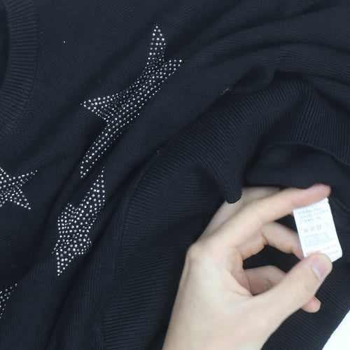QED London Womens Black L Jumper Star Embellished Batwing Knit Top