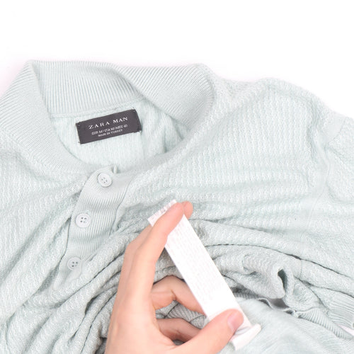 Zara Man Mint Green Short Sleeve Knit Collared Shirt Medium