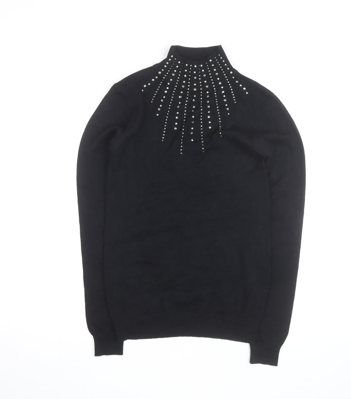 Apricot Womens Black Embellished Mock Neck Jumper UK 8