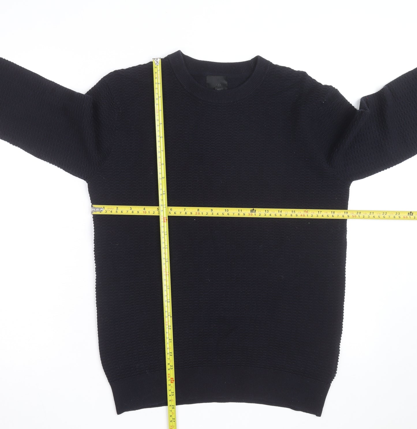 H&M Men's Black Waffle Knit Cotton Blend Crew Neck Jumper Size S