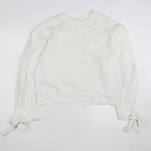 H&M Women’s White Puff Sleeve Bow Detail Cotton Jumper Size 12