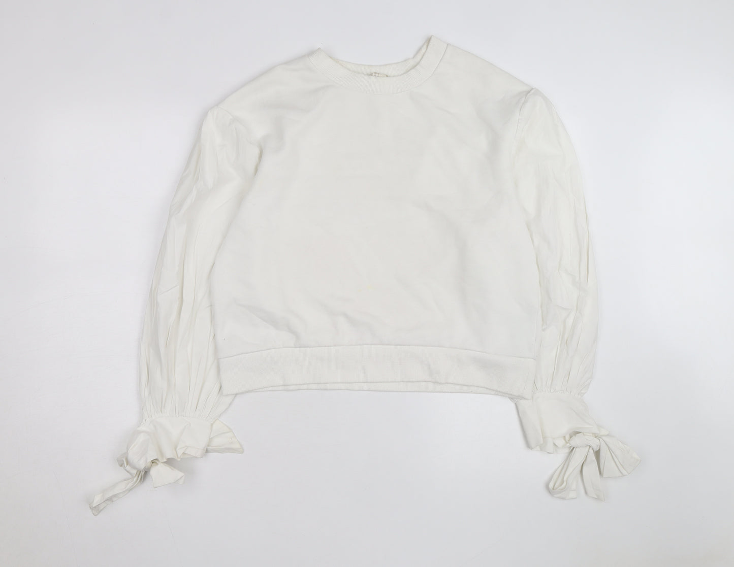 H&M Women’s White Puff Sleeve Bow Detail Cotton Jumper Size 12