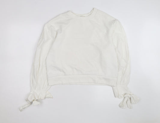 H&M Women’s White Puff Sleeve Bow Detail Cotton Jumper Size 12