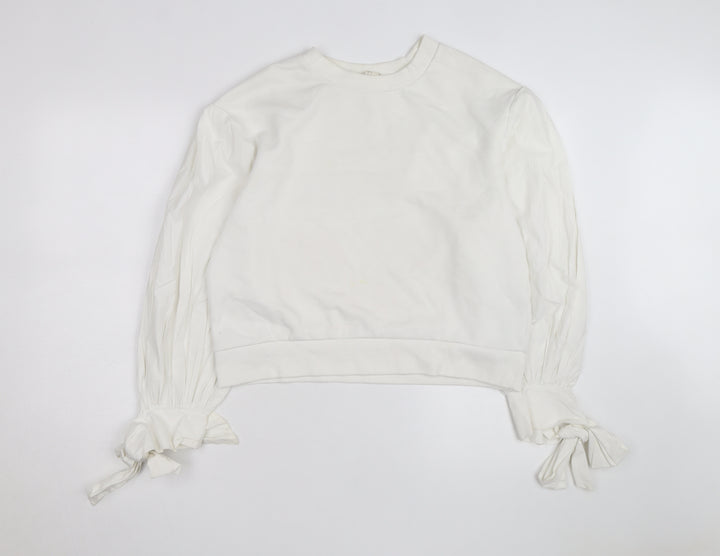 H&M Women’s White Puff Sleeve Bow Detail Cotton Jumper Size 12