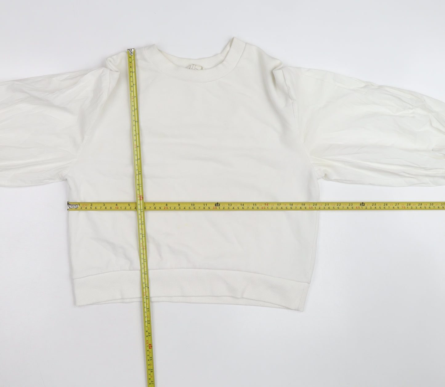 H&M Women’s White Puff Sleeve Bow Detail Cotton Jumper Size 12