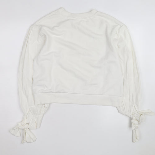 H&M Women’s White Puff Sleeve Bow Detail Cotton Jumper Size 12