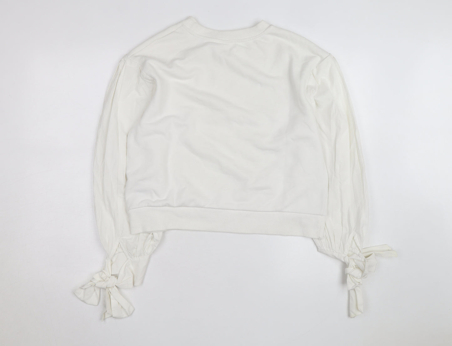 H&M Women’s White Puff Sleeve Bow Detail Cotton Jumper Size 12