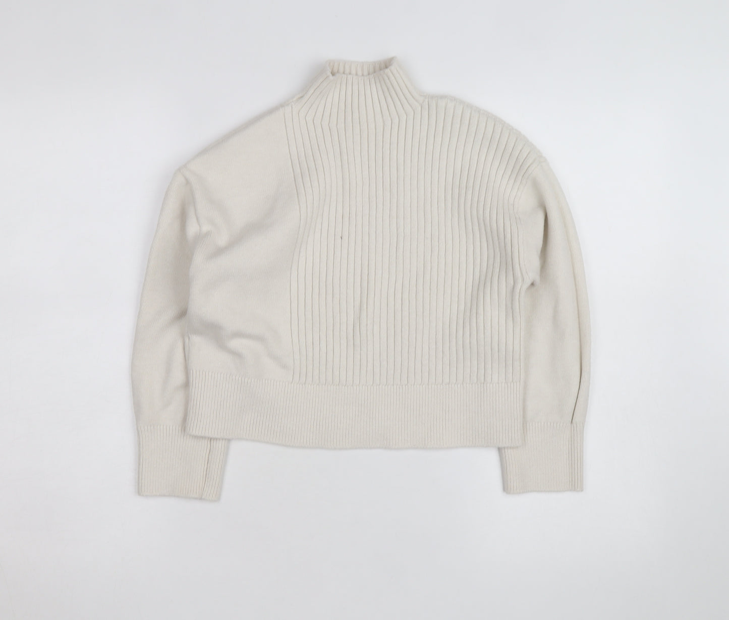 River Island Women Ivory High Neck Ribbed Knit Jumper Size S