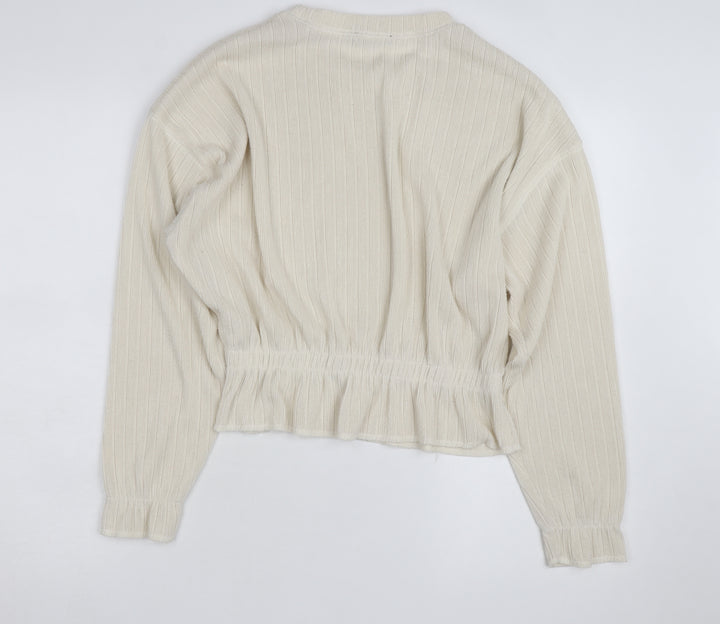 Zara Women Ivory Crew Neck Ribbed Knit Pullover Jumper Size 8
