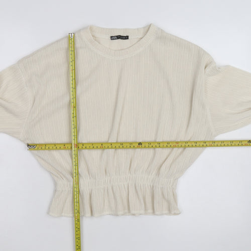 Zara Women Ivory Crew Neck Ribbed Knit Pullover Jumper Size 8