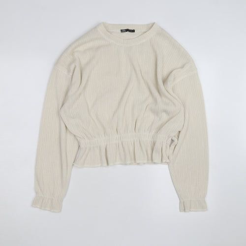 Zara Women Ivory Crew Neck Ribbed Knit Pullover Jumper Size 8