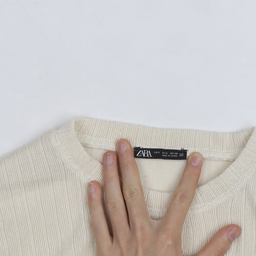 Zara Women Ivory Crew Neck Ribbed Knit Pullover Jumper Size 8