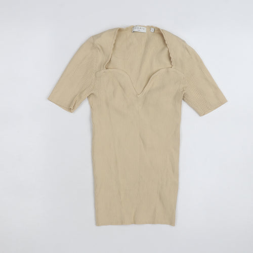 Sandro Paris Beige Rib Knit Sweetheart Neck Short Sleeve Women's Top Size 1
