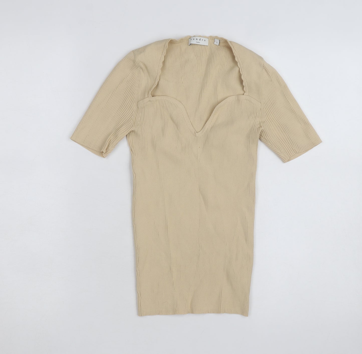 Sandro Paris Beige Rib Knit Sweetheart Neck Short Sleeve Women's Top Size 1