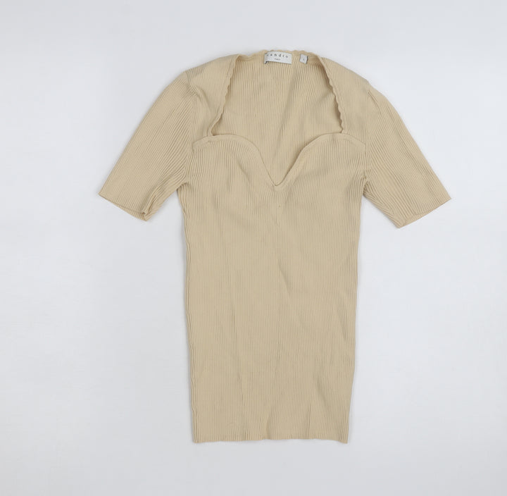 Sandro Paris Beige Rib Knit Sweetheart Neck Short Sleeve Women's Top Size 1