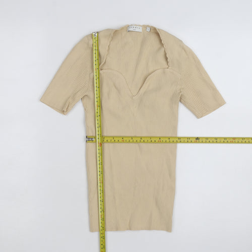Sandro Paris Beige Rib Knit Sweetheart Neck Short Sleeve Women's Top Size 1