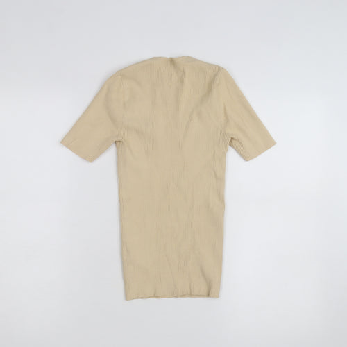 Sandro Paris Beige Rib Knit Sweetheart Neck Short Sleeve Women's Top Size 1