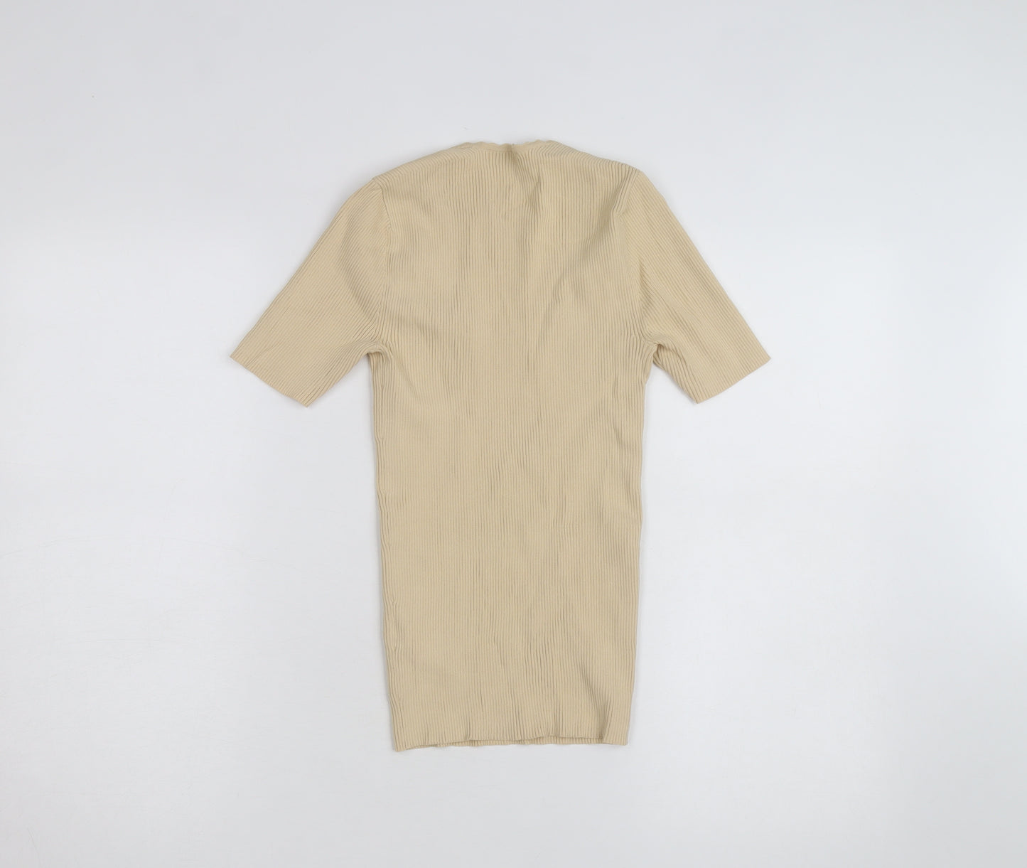 Sandro Paris Beige Rib Knit Sweetheart Neck Short Sleeve Women's Top Size 1