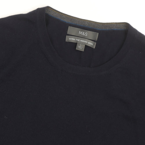 Marks and Spencer Men's Blue Merino Wool Crew Neck Jumper L