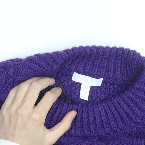 H&M Women Purple Cable-Knit Jumper L Chunky Knit Wool Blend