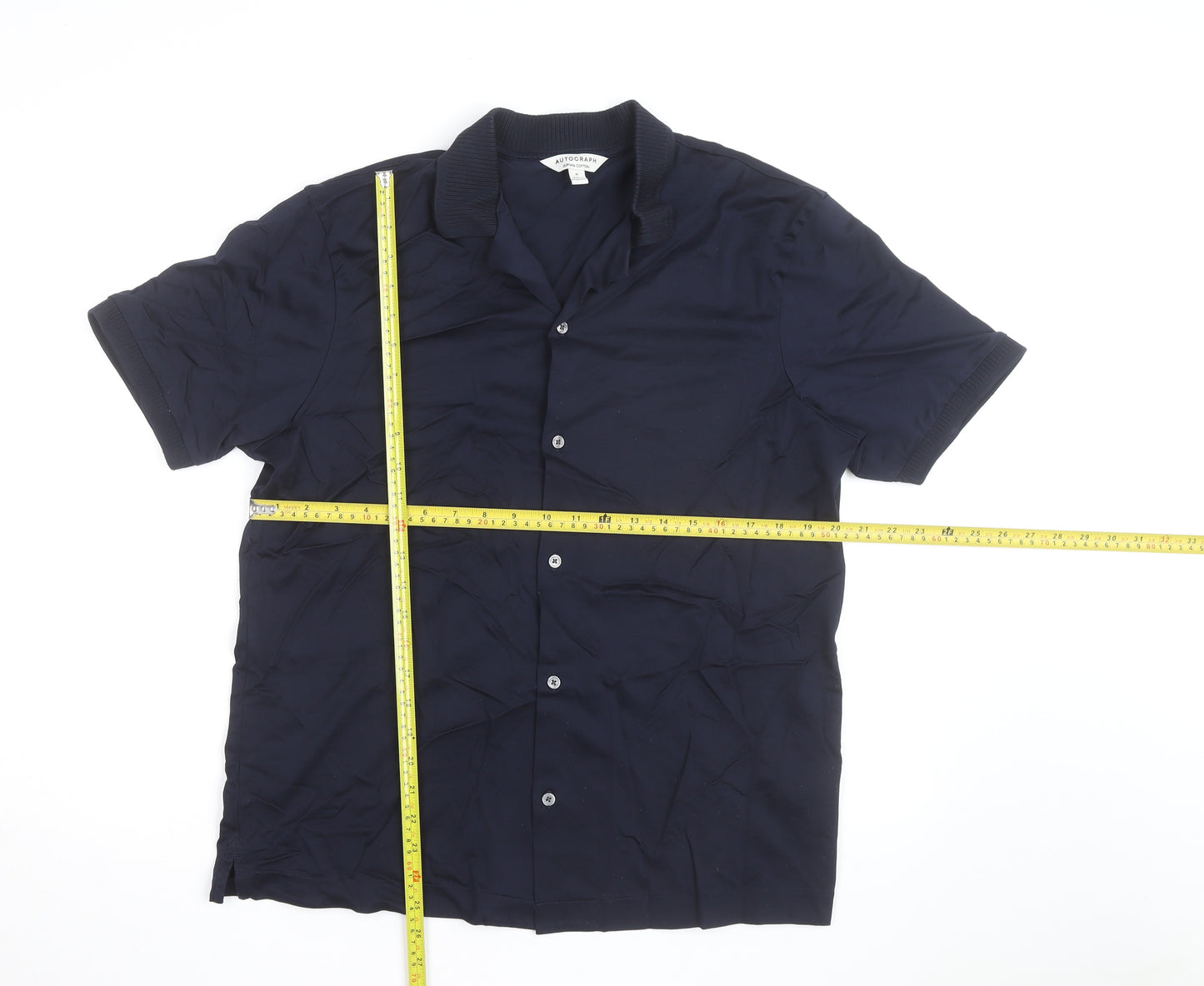 Marks and Spencer Autograph Men's Blue Supima Cotton Short Sleeve Button-Up Shirt M