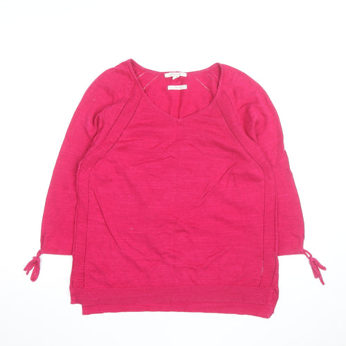 White Stuff Women's Pink V-Neck 3/4 Sleeve Cotton Pullover Jumper Size 12