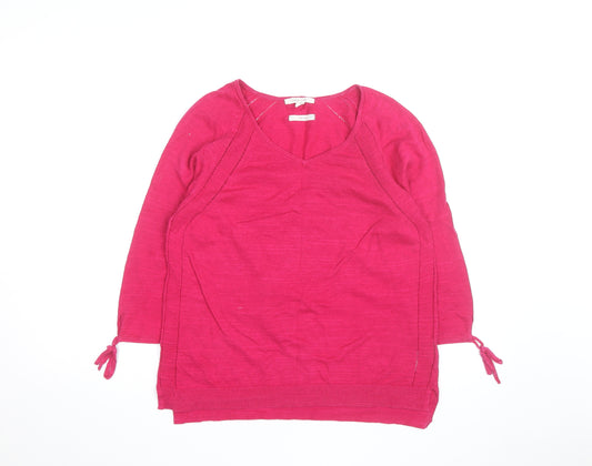 White Stuff Women's Pink V-Neck 3/4 Sleeve Cotton Pullover Jumper Size 12