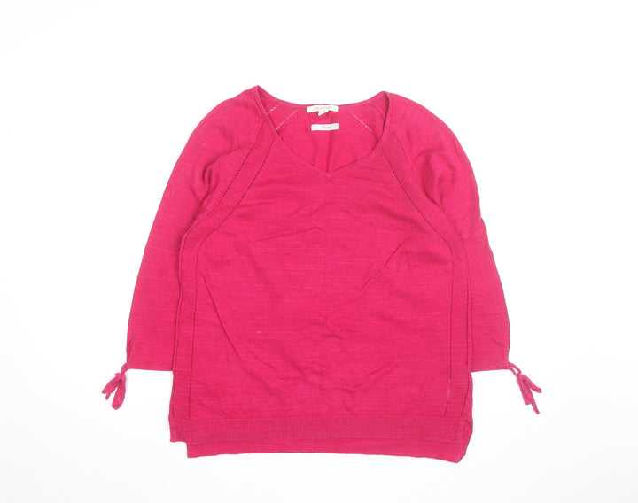 White Stuff Women's Pink V-Neck 3/4 Sleeve Cotton Pullover Jumper Size 12
