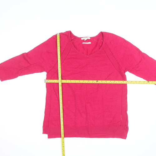 White Stuff Women's Pink V-Neck 3/4 Sleeve Cotton Pullover Jumper Size 12