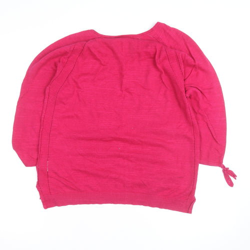 White Stuff Women's Pink V-Neck 3/4 Sleeve Cotton Pullover Jumper Size 12