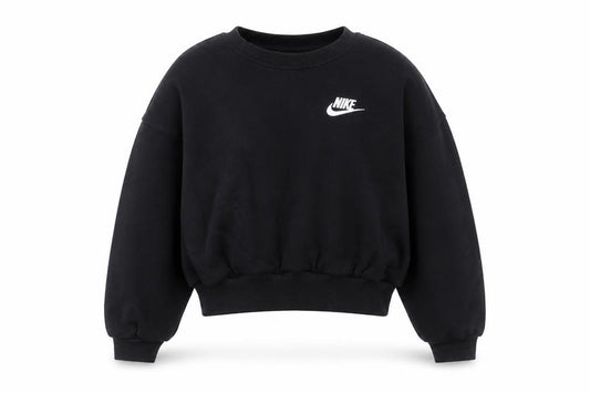 Front view of Nike girls’ black pullover fleece sweatshirt, size 8-9, years regular fit