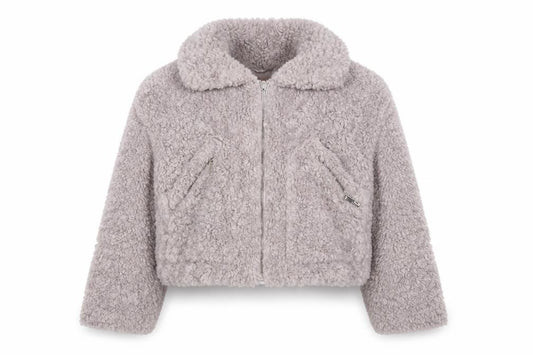 Front view of Misspap Women’s Grey Faux Shearling Cropped Bomber Jacket, size UK 12