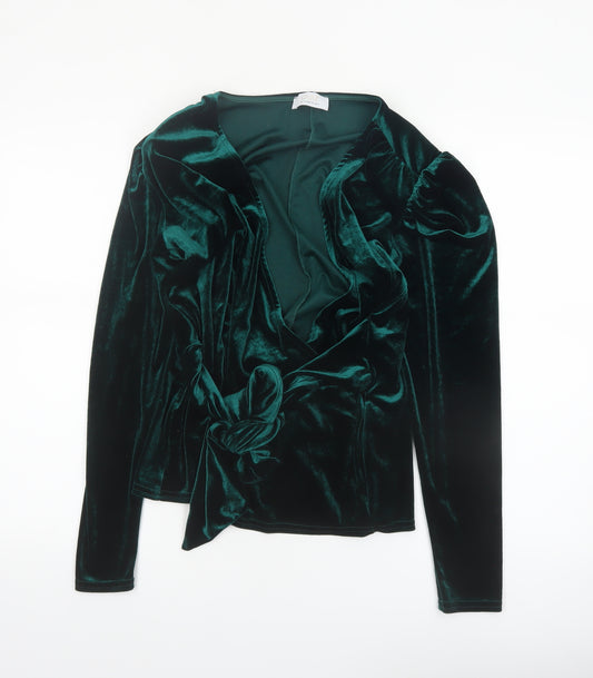Quiz Womens Green Velvet Wrap Blouse Long Sleeve UK 12