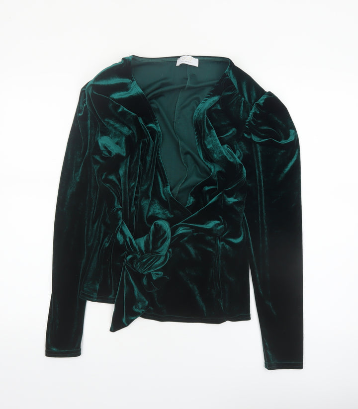 Quiz Womens Green Velvet Wrap Blouse Long Sleeve UK 12