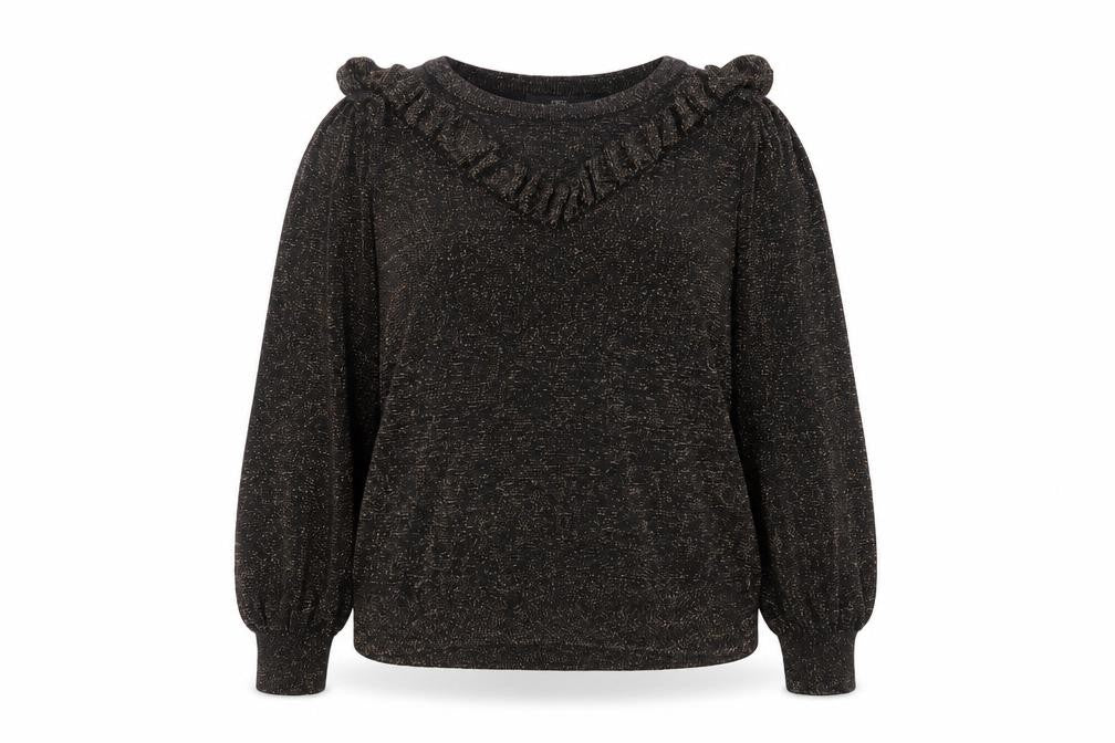 Front view of Next women’s black metallic ruffle jumper, size UK 18