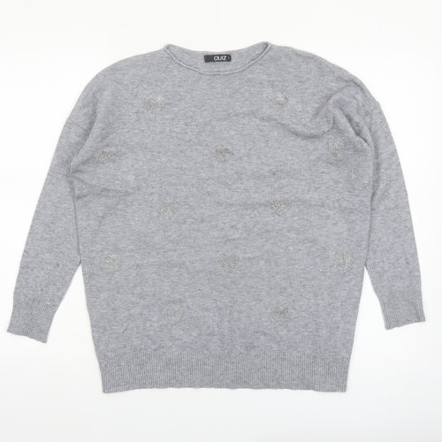Quiz Women's Grey Beaded Crew Neck Long Sleeve Pullover Jumper Size S
