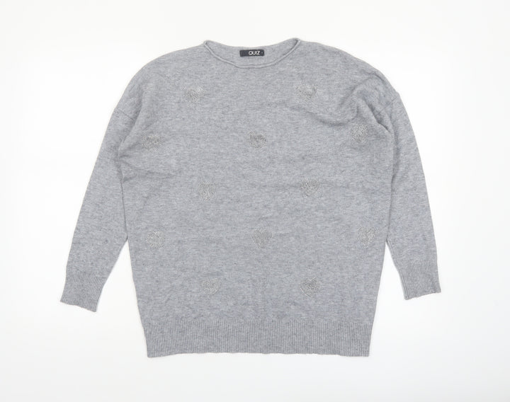 Quiz Women's Grey Beaded Crew Neck Long Sleeve Pullover Jumper Size S