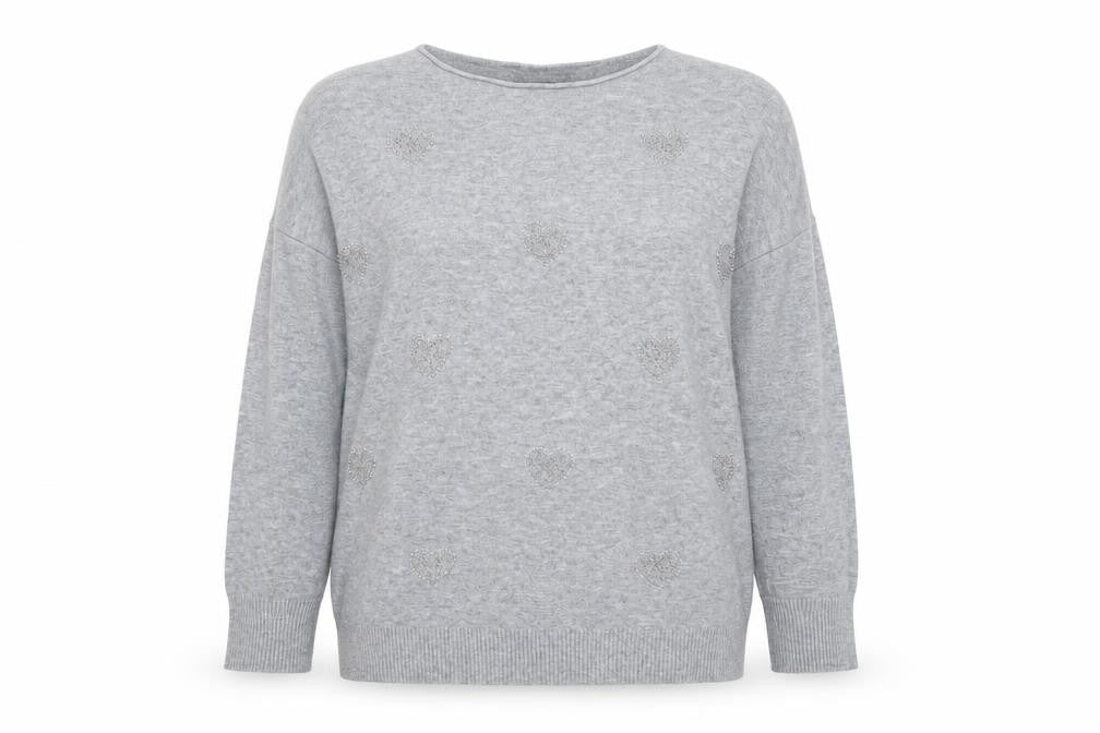 Front view of Quiz Women's Grey Beaded Crew Neck Long Sleeve jumper, size S