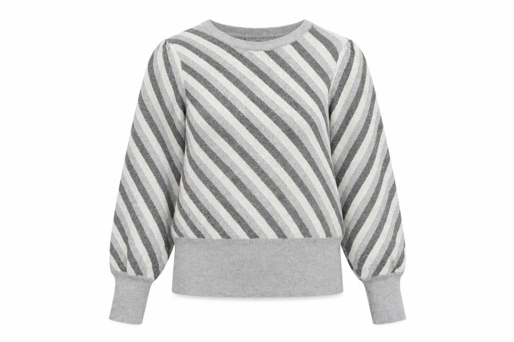 Front view of Marks & Spencer women’s grey striped crew neck jumper, size UK 12