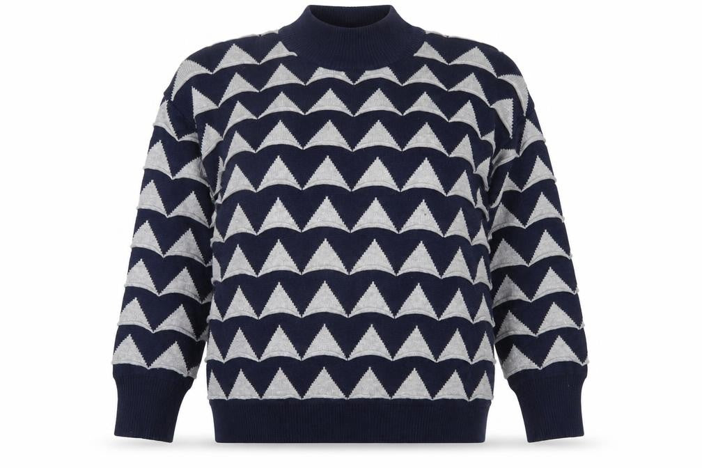 Front view of Apricot women’s blue grey geometric high neck jumper, size UK 12