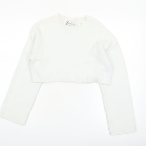Zara Women White Crew Neck Cropped Knit Jumper Size 8
