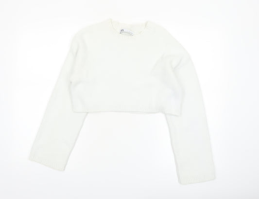 Zara Women White Crew Neck Cropped Knit Jumper Size 8