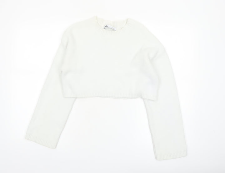 Zara Women White Crew Neck Cropped Knit Jumper Size 8