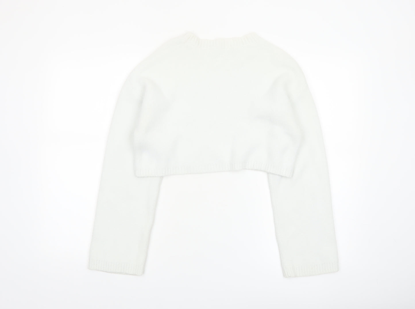 Zara Women White Crew Neck Cropped Knit Jumper Size 8