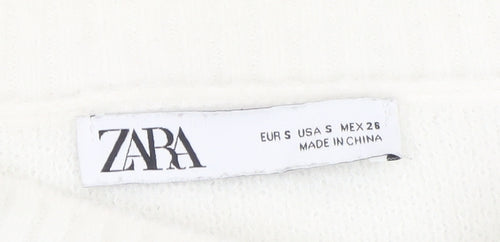 Zara Women White Crew Neck Cropped Knit Jumper Size 8